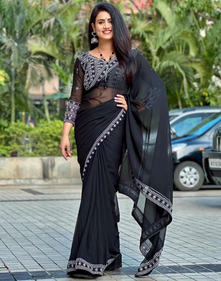 Black Georgette Plain Saree | Leemboodi