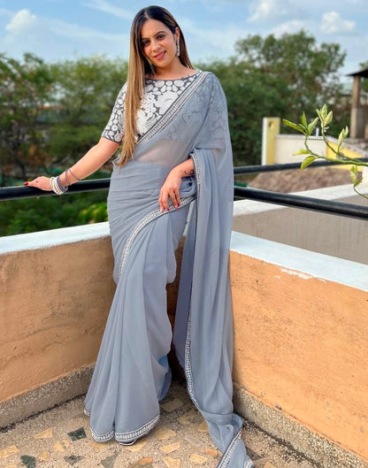 Grey Georgette Plain Saree | Leemboodi