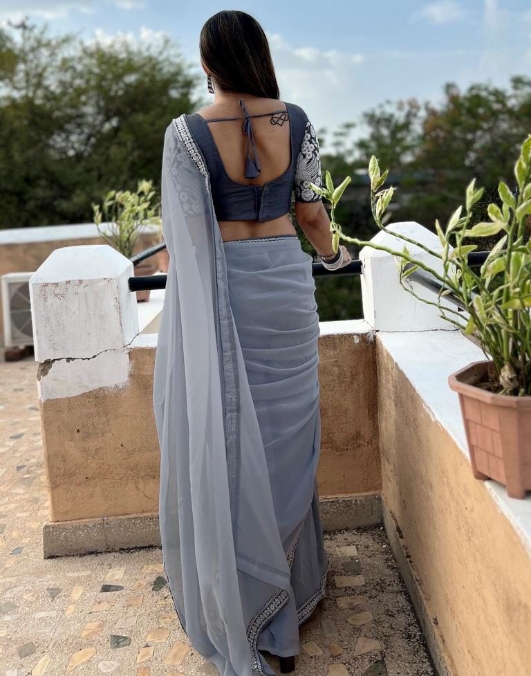 Grey Georgette Plain Saree | Leemboodi