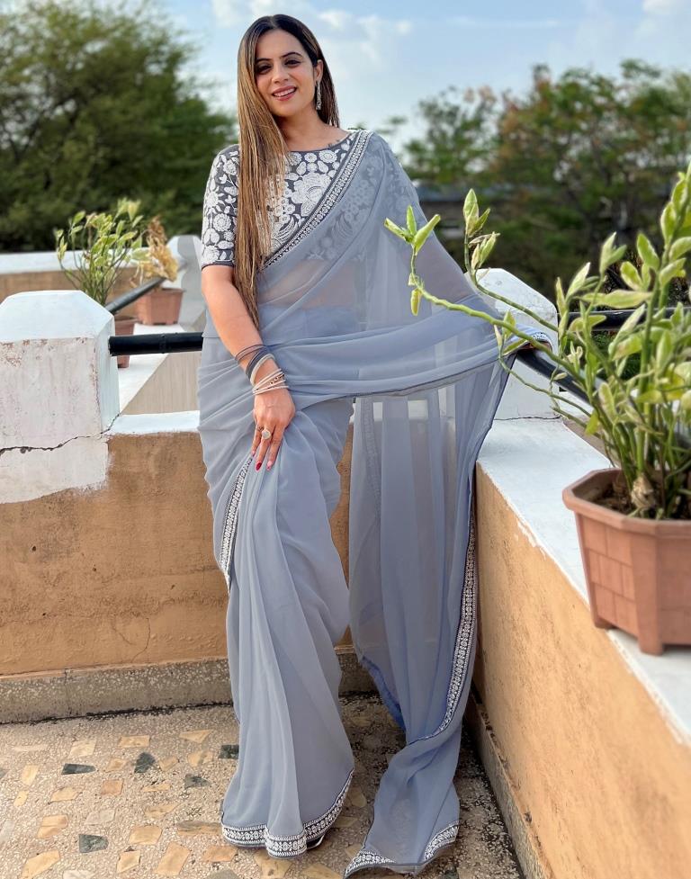 Grey Georgette Plain Saree | Leemboodi