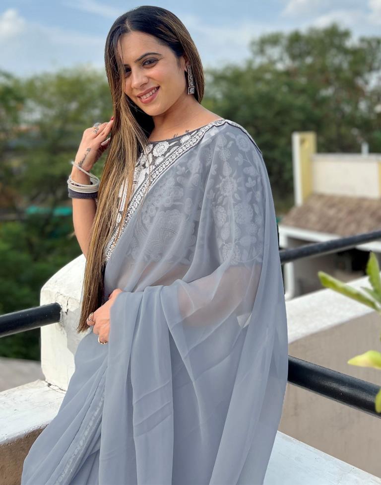 Grey Georgette Plain Saree | Leemboodi