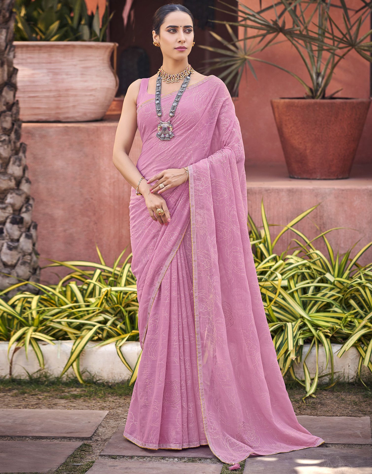 Light Pink Chiffon Printed Saree