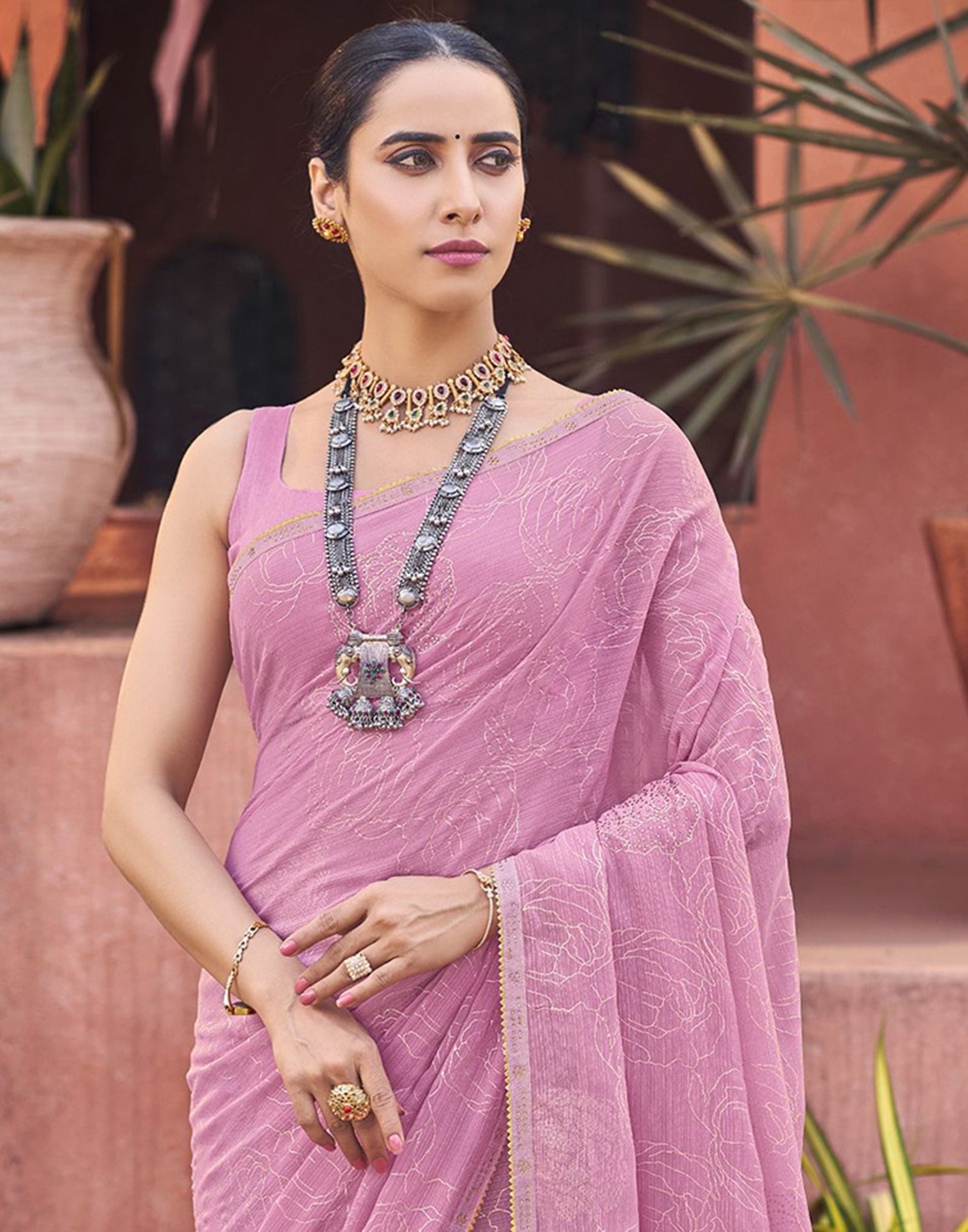 Light Pink Chiffon Printed Saree