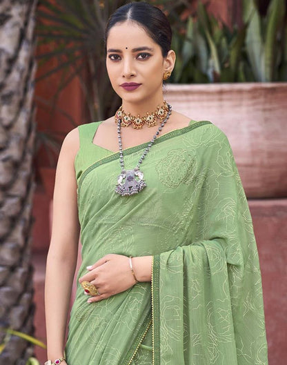 Light Green Chiffon Printed Saree | Sudathi