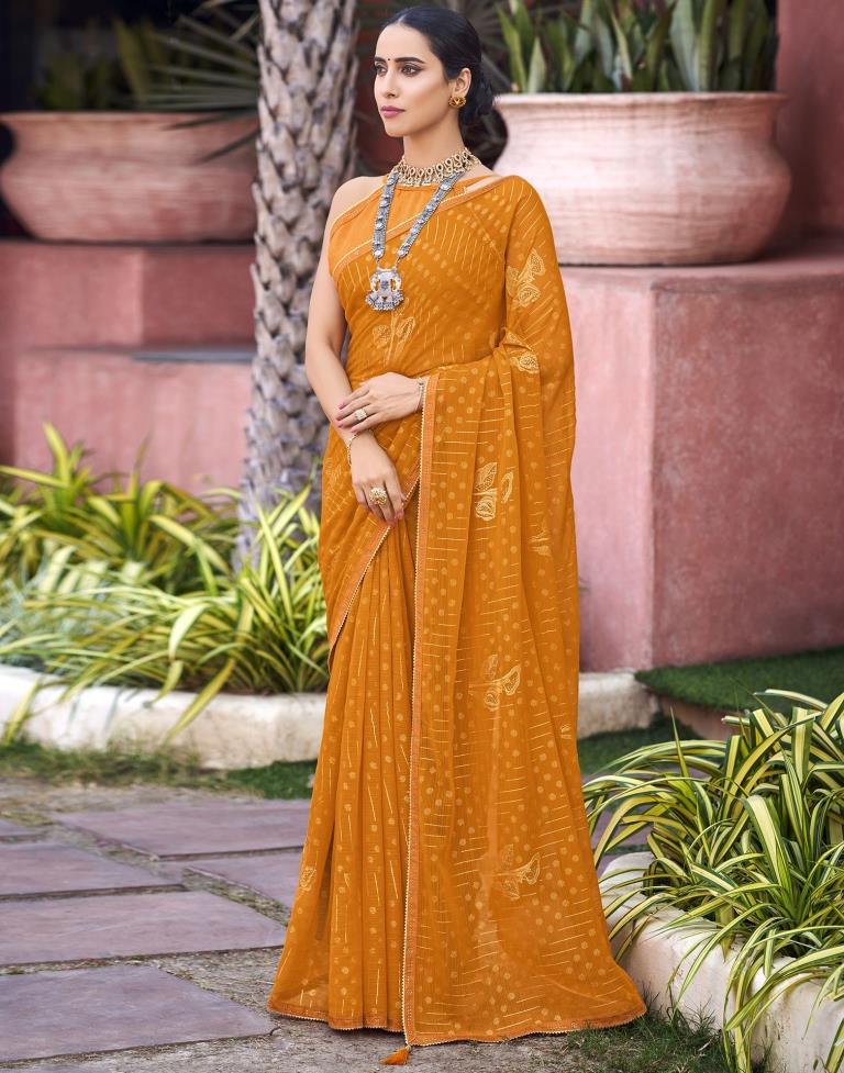 Mustard Yellow Chiffon Printed Saree | Sudathi