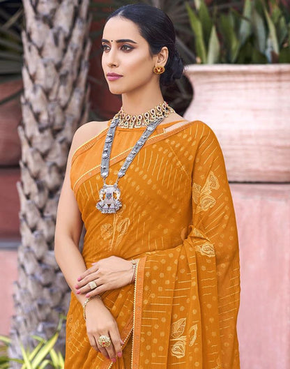 Mustard Yellow Chiffon Printed Saree | Sudathi