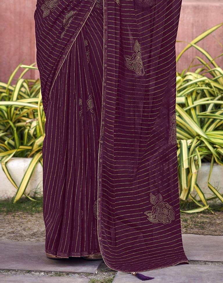 Wine Striped Chiffon Printed Saree | Sudathi