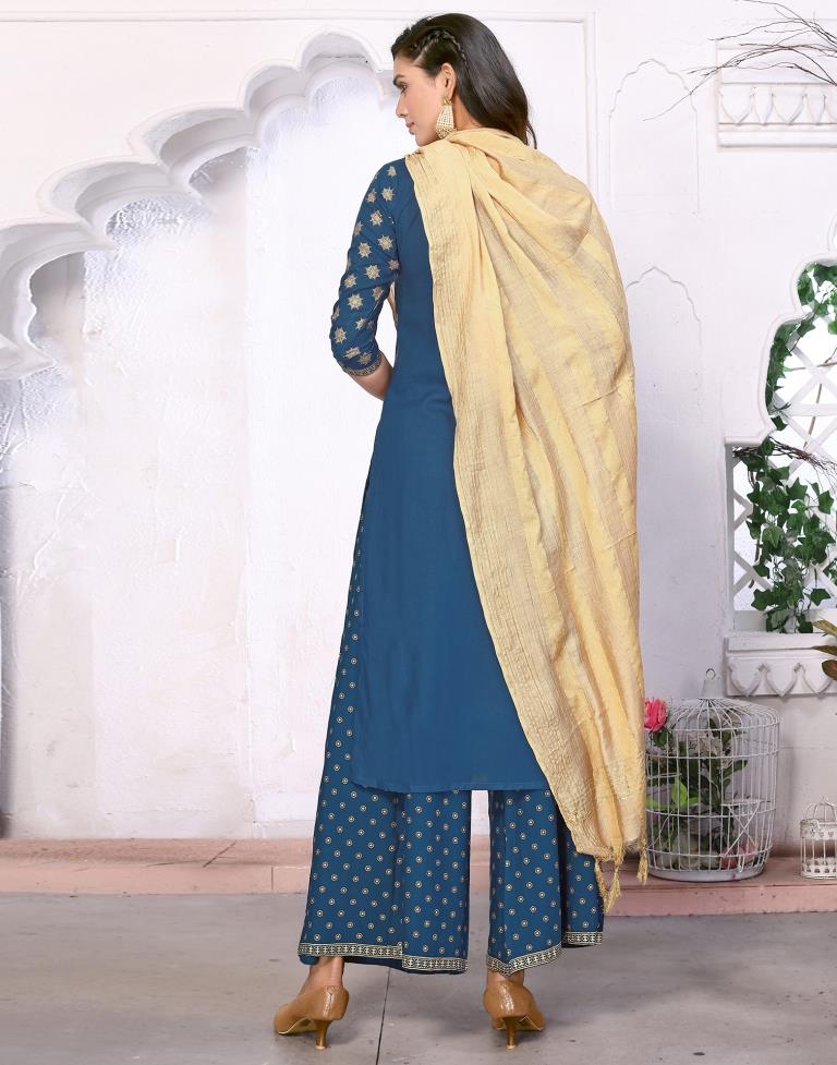 Teal Blue Foil Prined Kurta With Pant And Dupatta