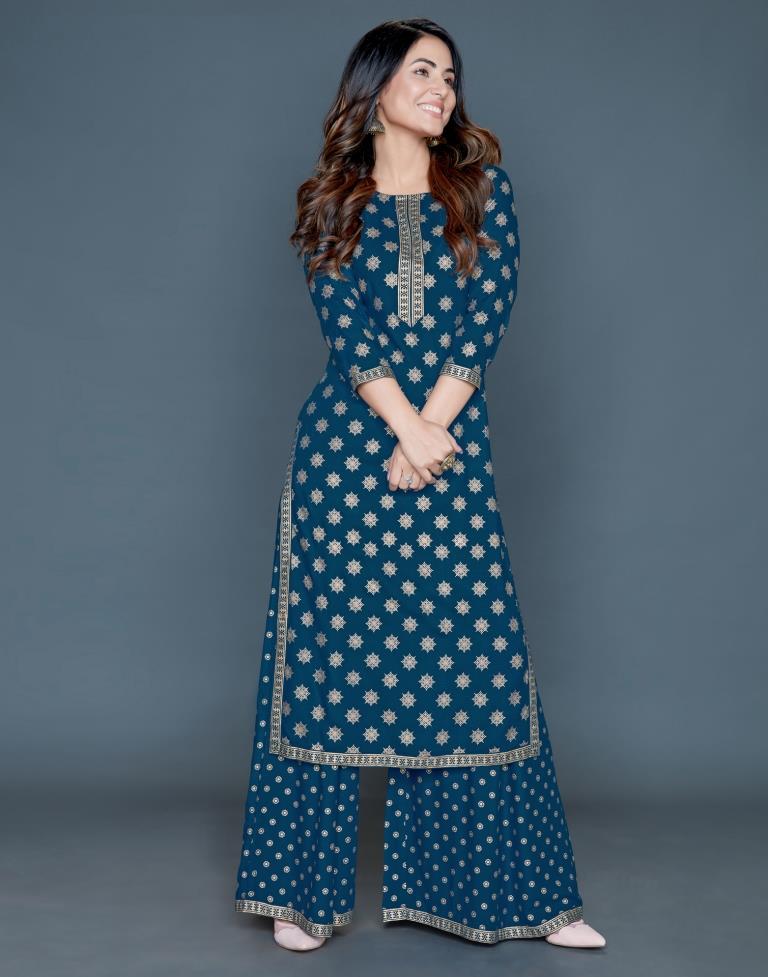 Blue Printed Kurta Palazzo Set | Leemboodi