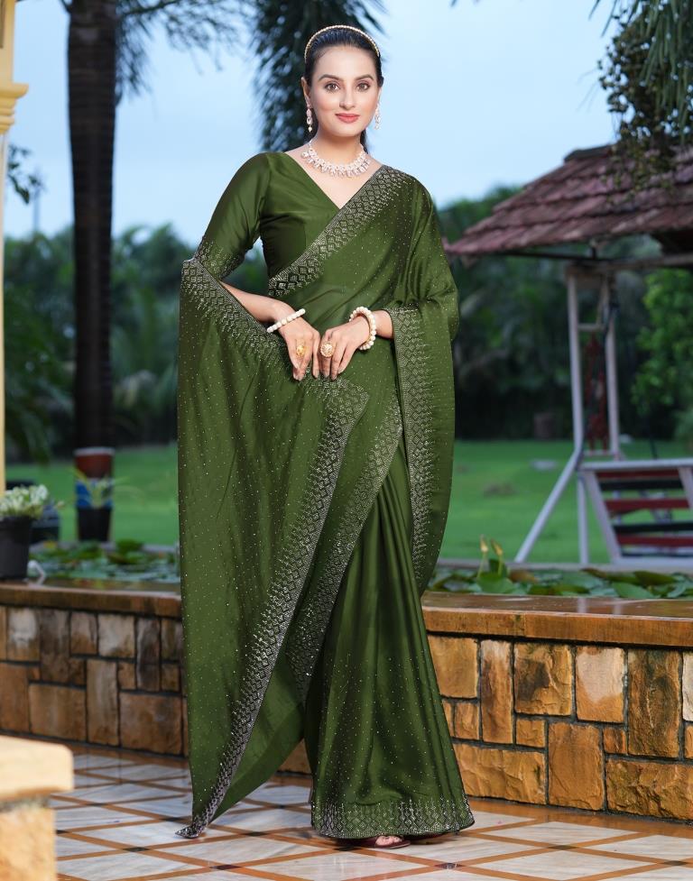 Olive Green Plain Georgette Saree