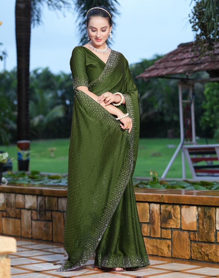 Olive Green Plain Georgette Saree