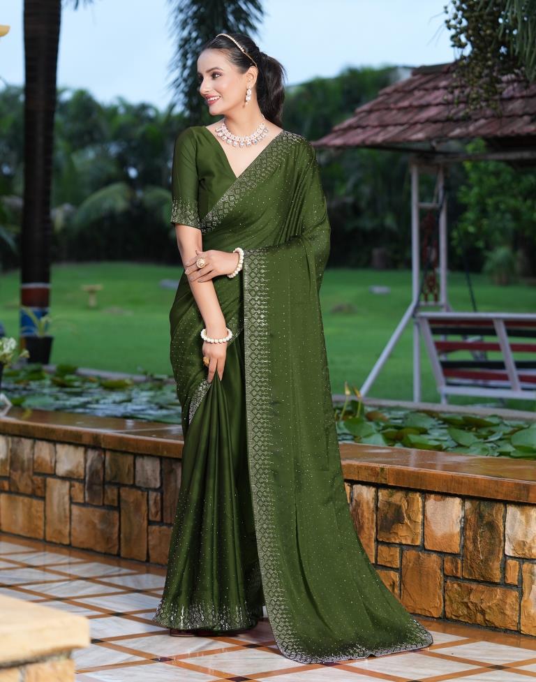 Olive Green Plain Georgette Saree