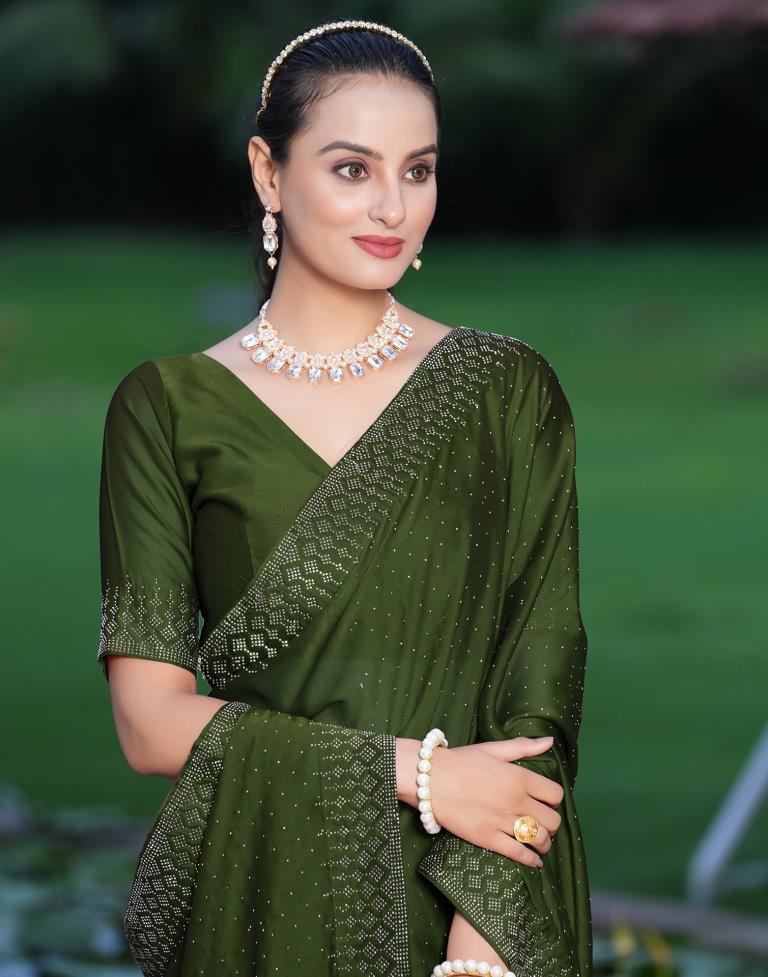 Olive Green Plain Georgette Saree