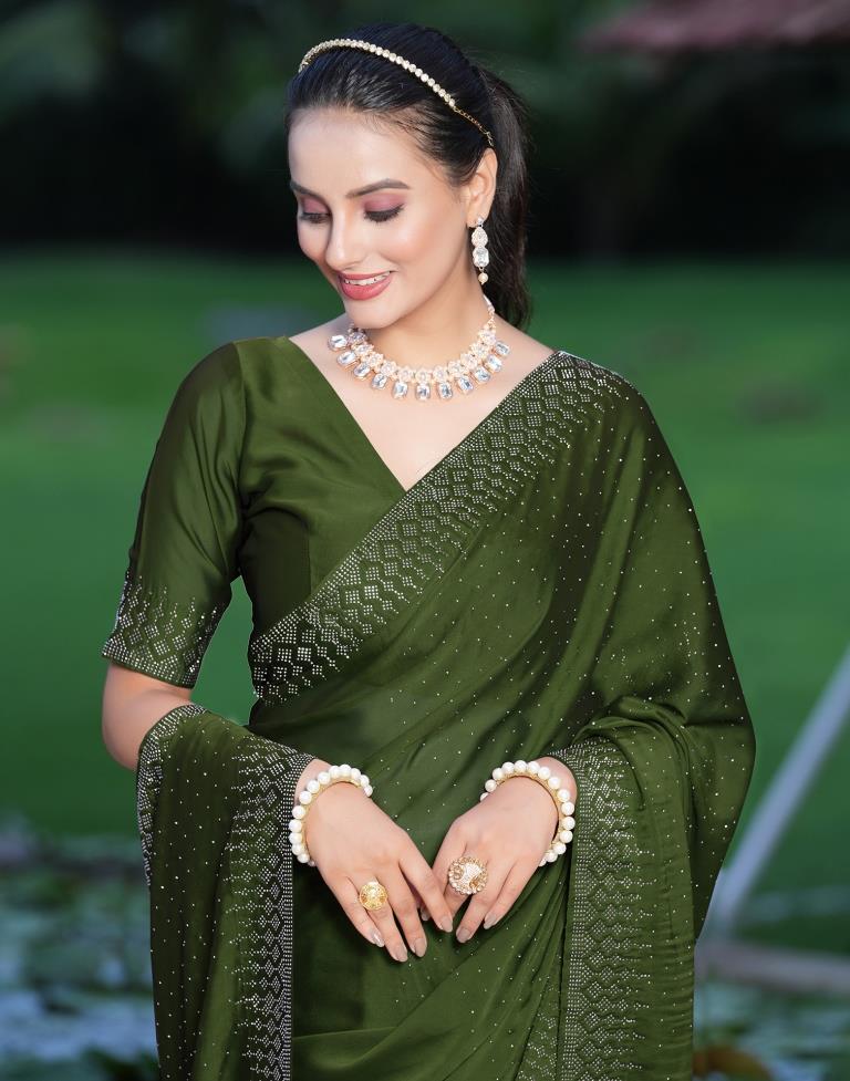 Olive Green Plain Georgette Saree