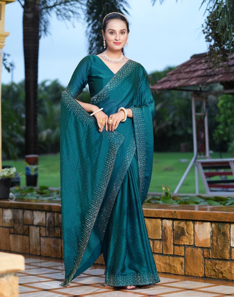 Teal Blue Plain Georgette Saree