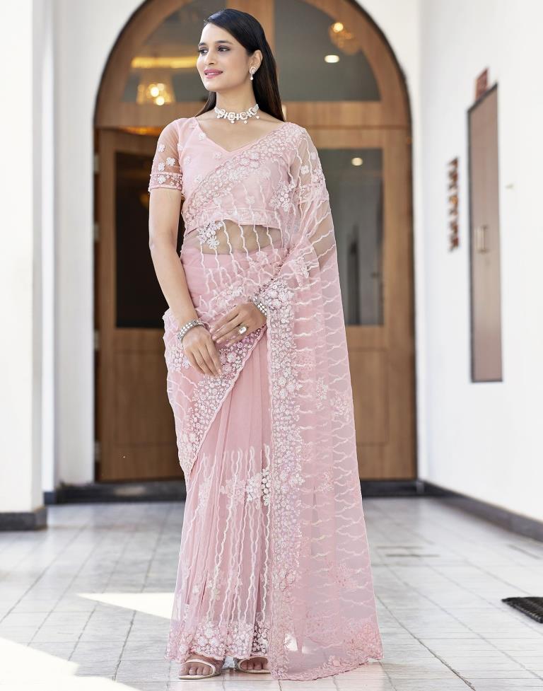 Rose Pink Plain Net Saree