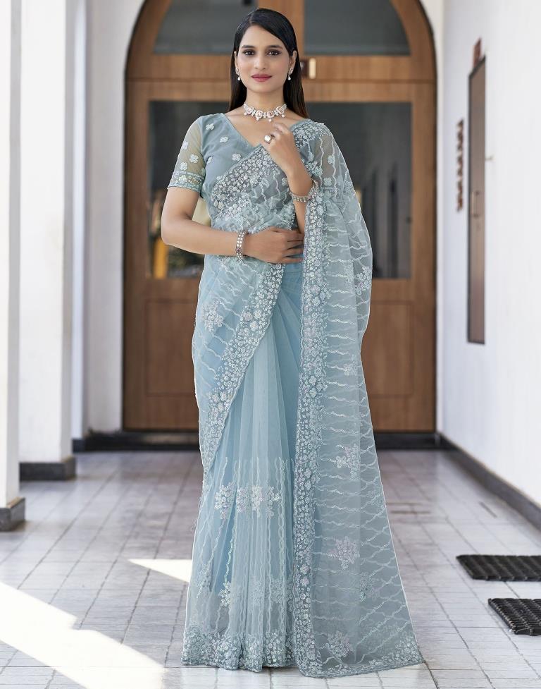 Light Blue Plain Net Saree