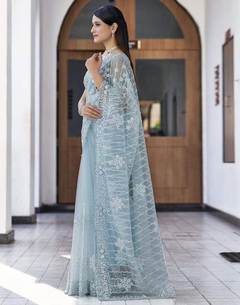 Light Blue Plain Net Saree