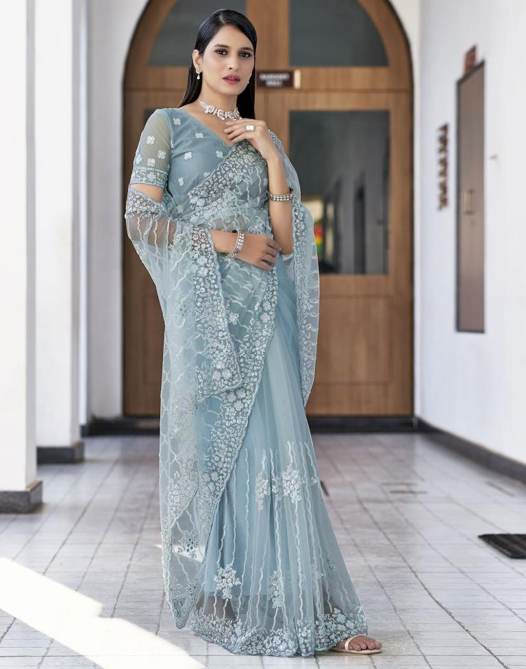 Light Blue Plain Net Saree