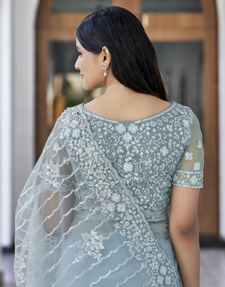 Light Blue Plain Net Saree