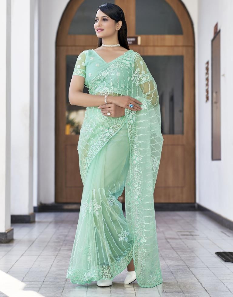 Pista Green  Plain Net Saree