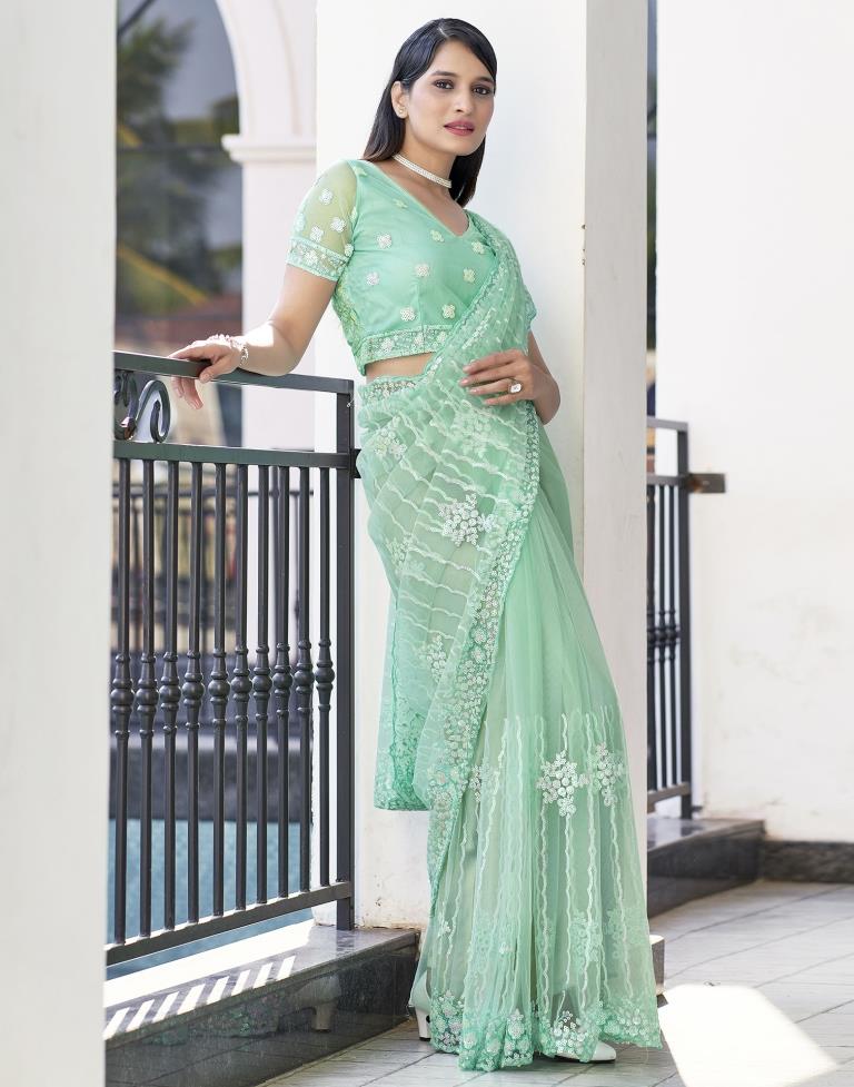 Pista Green  Plain Net Saree