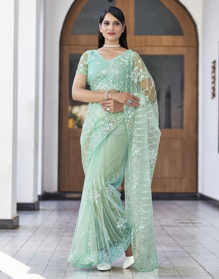 Pista Green  Plain Net Saree