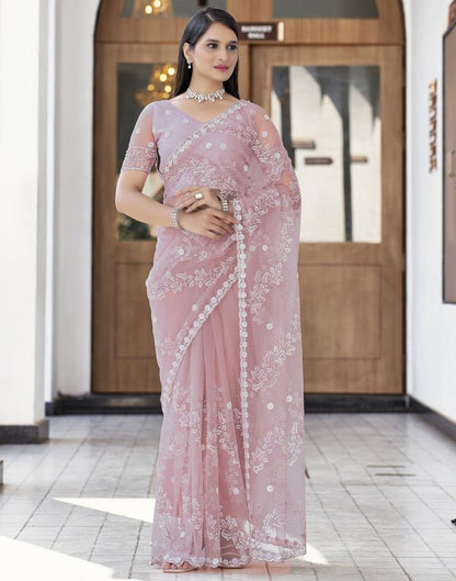 Dusty Pink Plain Net Saree