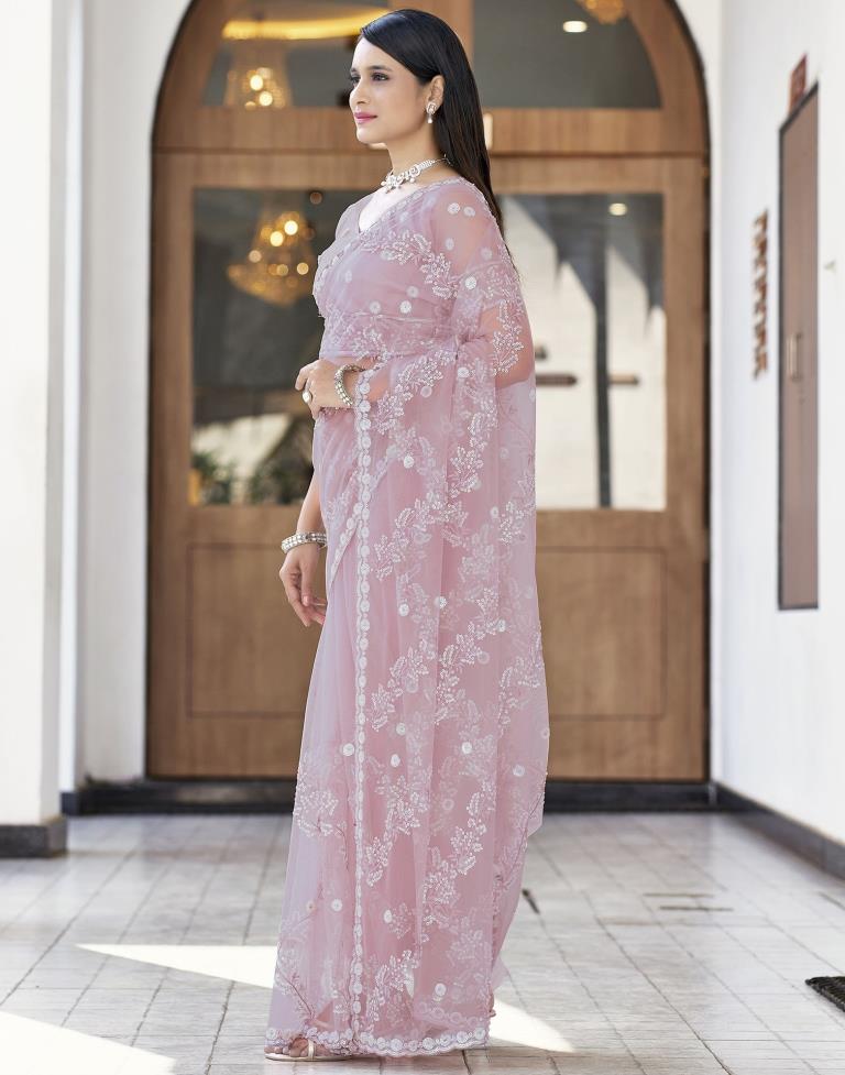 Dusty Pink Plain Net Saree