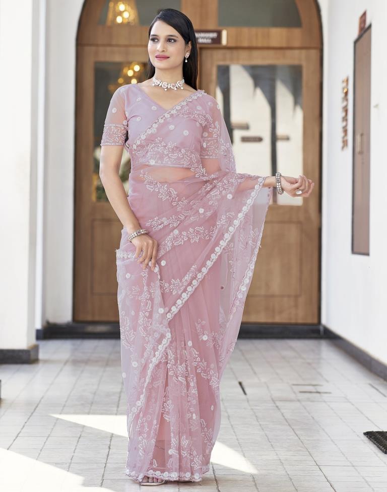 Dusty Pink Plain Net Saree