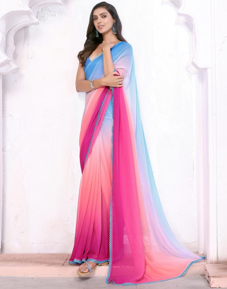 Multicoloured Plain Printed Georgette Saree