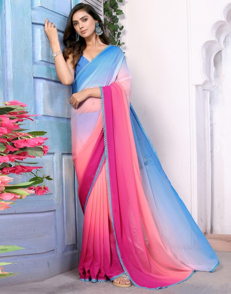 Multicoloured Plain Printed Georgette Saree