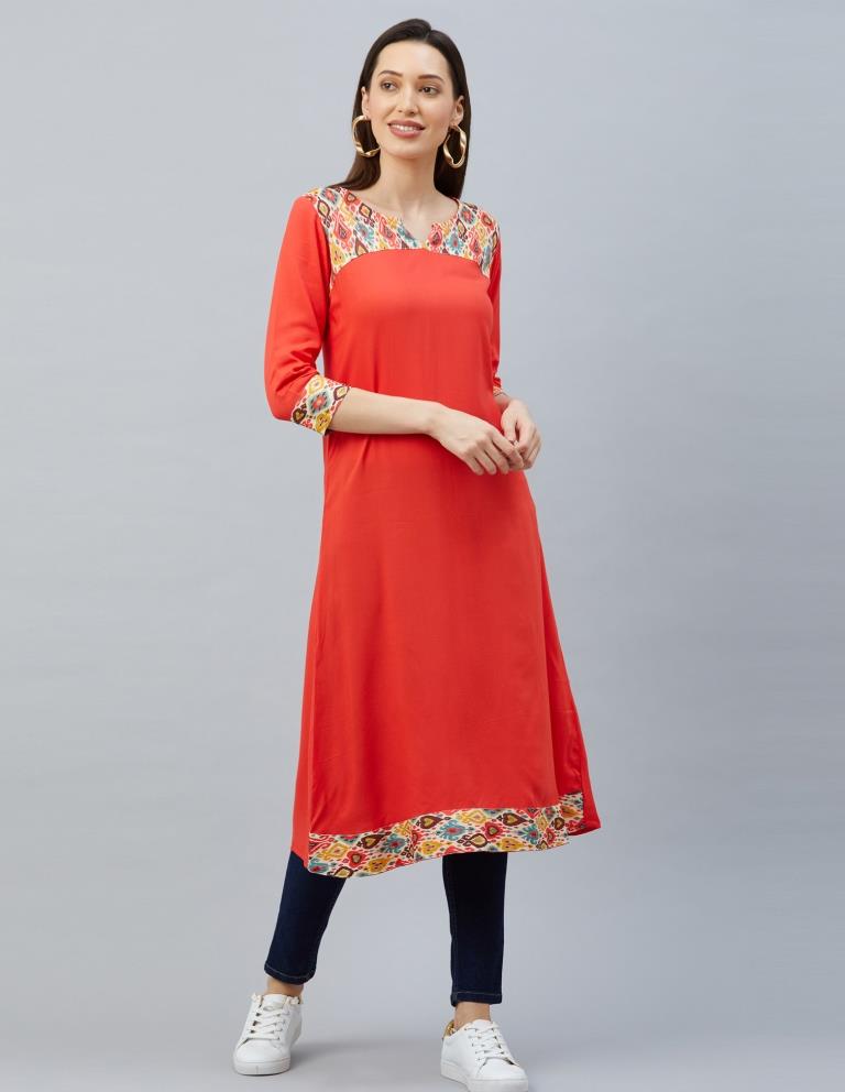 Charming Orange Coloured Digital Printed Rayon Kurti | Sudathi