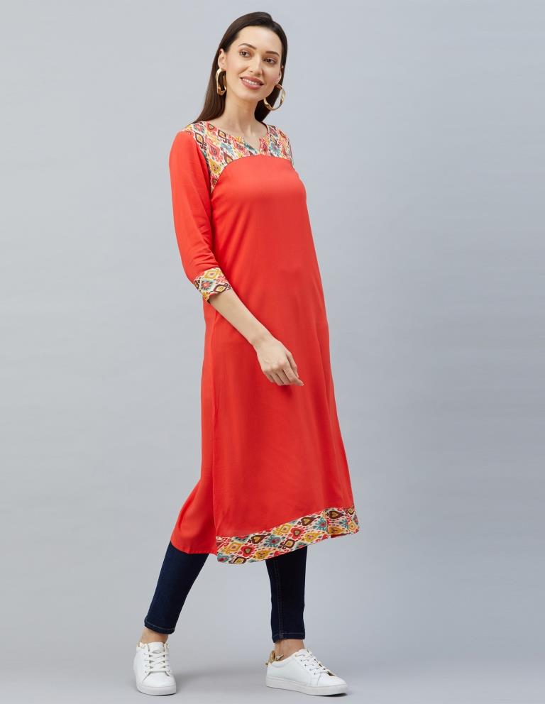 Charming Orange Coloured Digital Printed Rayon Kurti | Sudathi