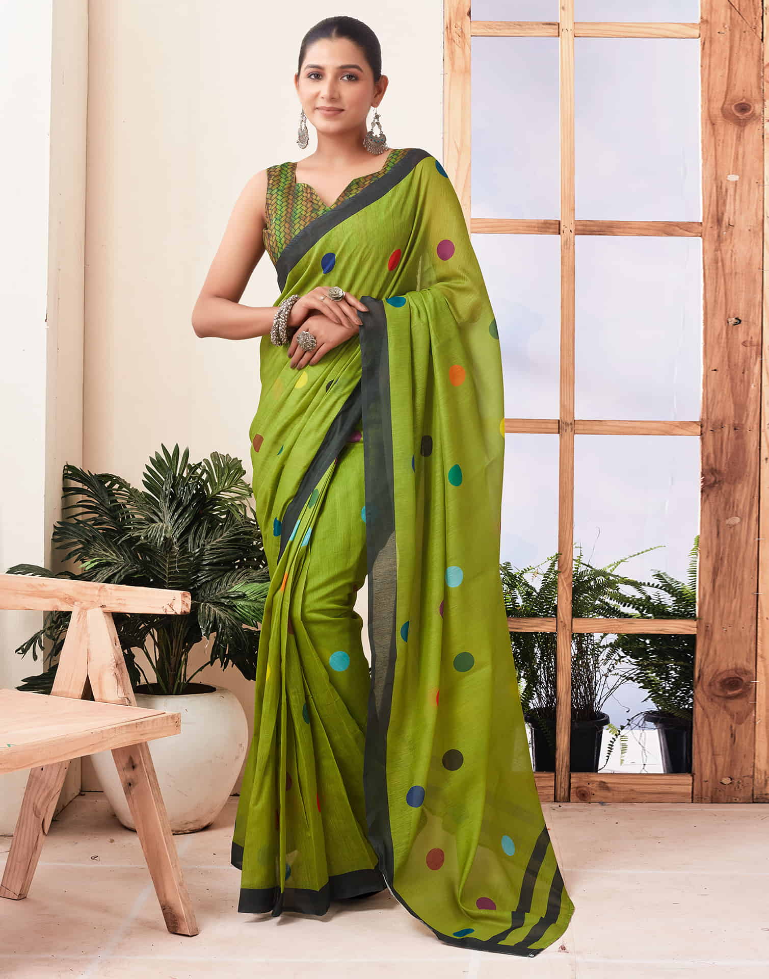 Ready To Wear Green Printed Chanderi Saree