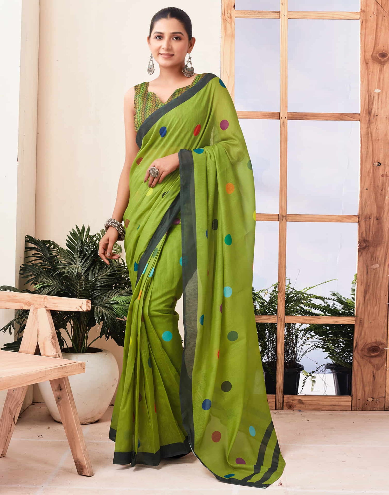 Ready To Wear Green Printed Chanderi Saree