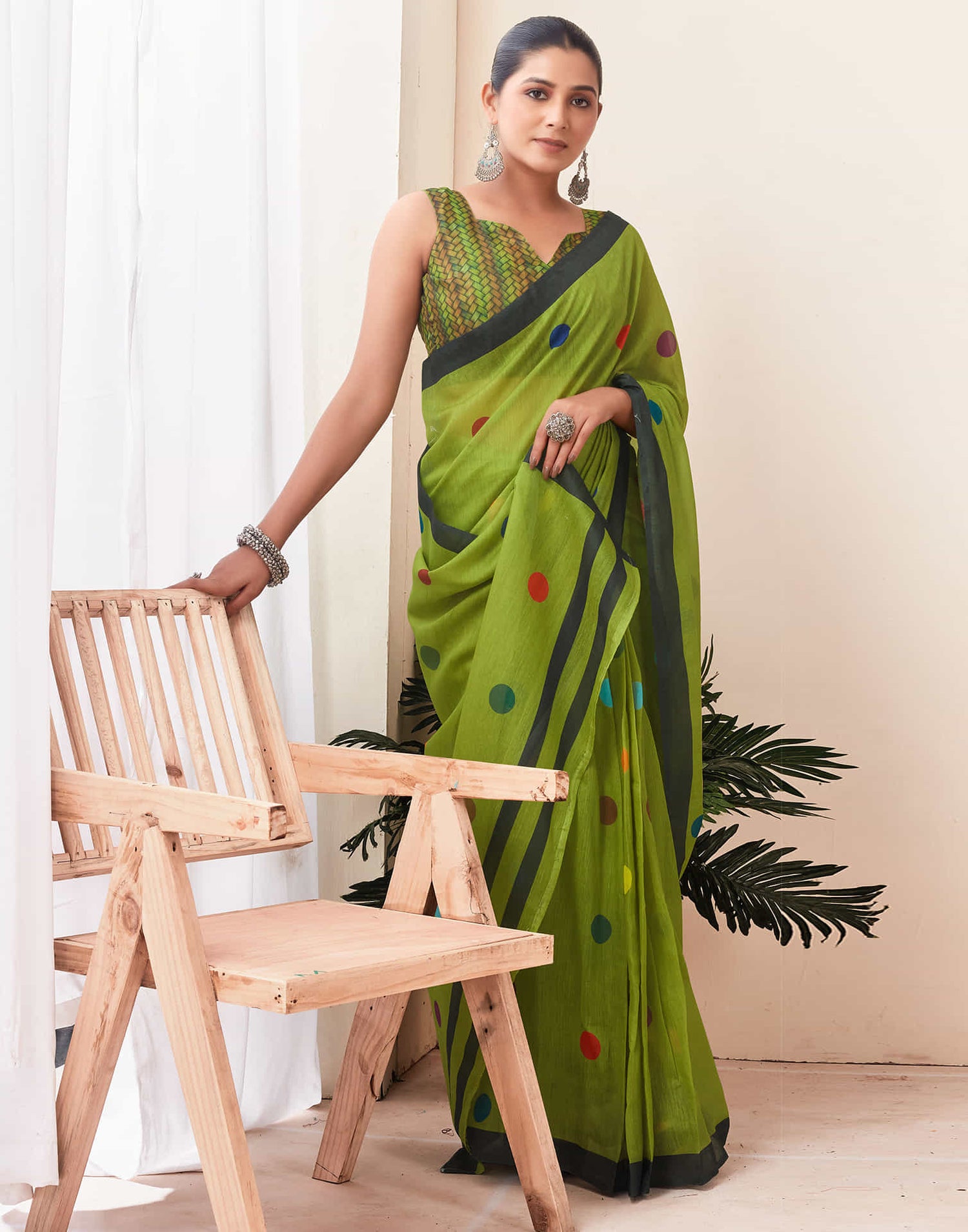 Ready To Wear Green Printed Chanderi Saree