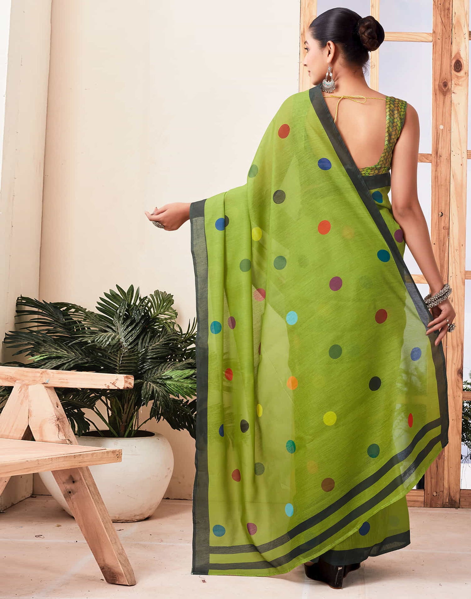 Ready To Wear Green Printed Chanderi Saree