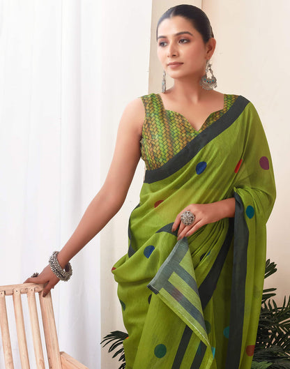 Ready To Wear Green Printed Chanderi Saree