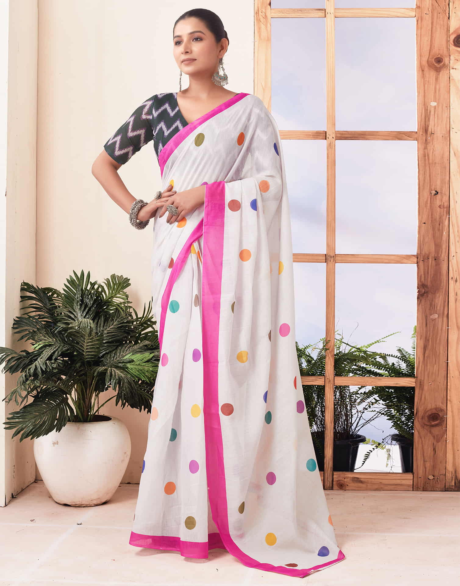 Ready To Wear Off White Printed Chanderi Saree