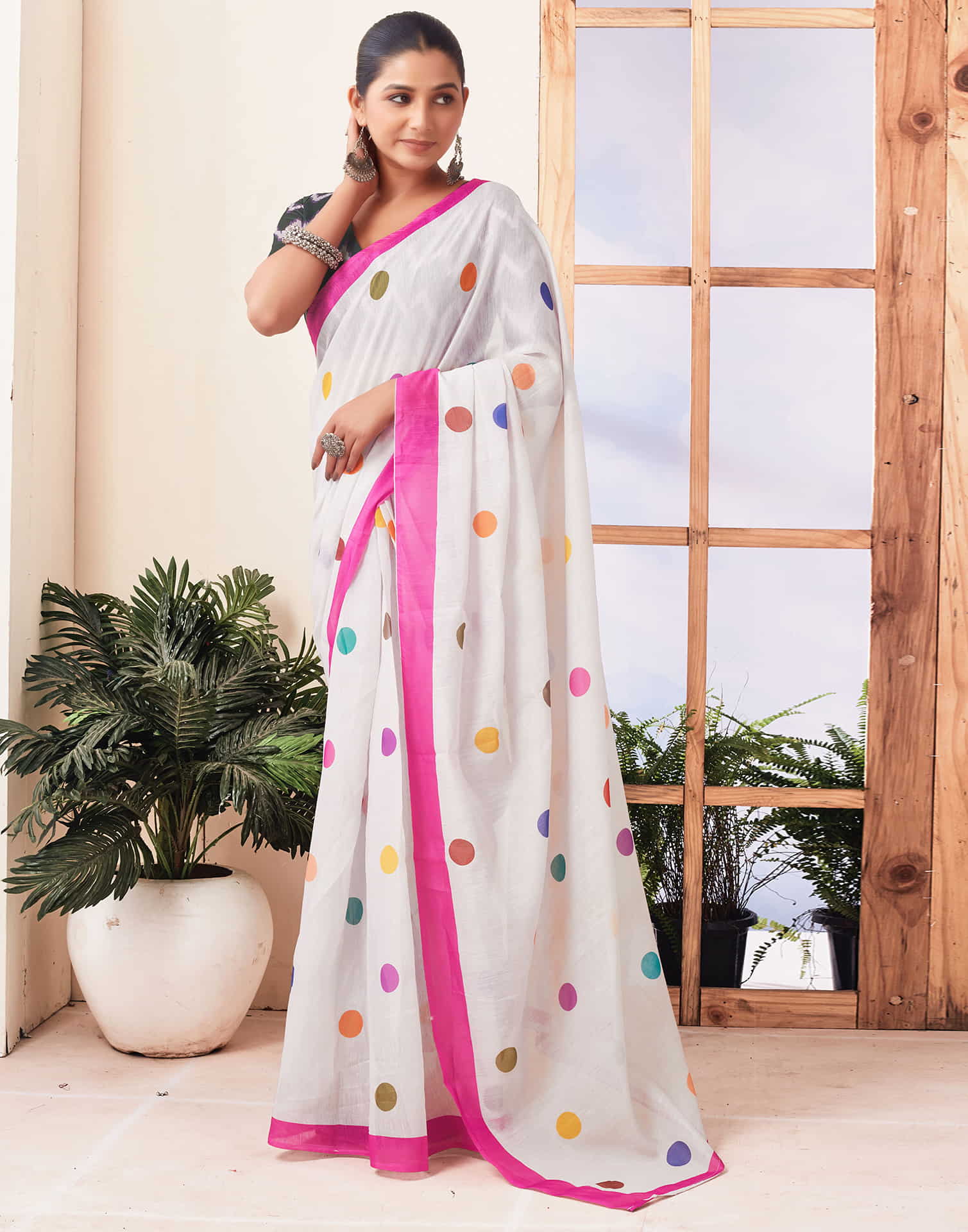 Ready To Wear Off White Printed Chanderi Saree