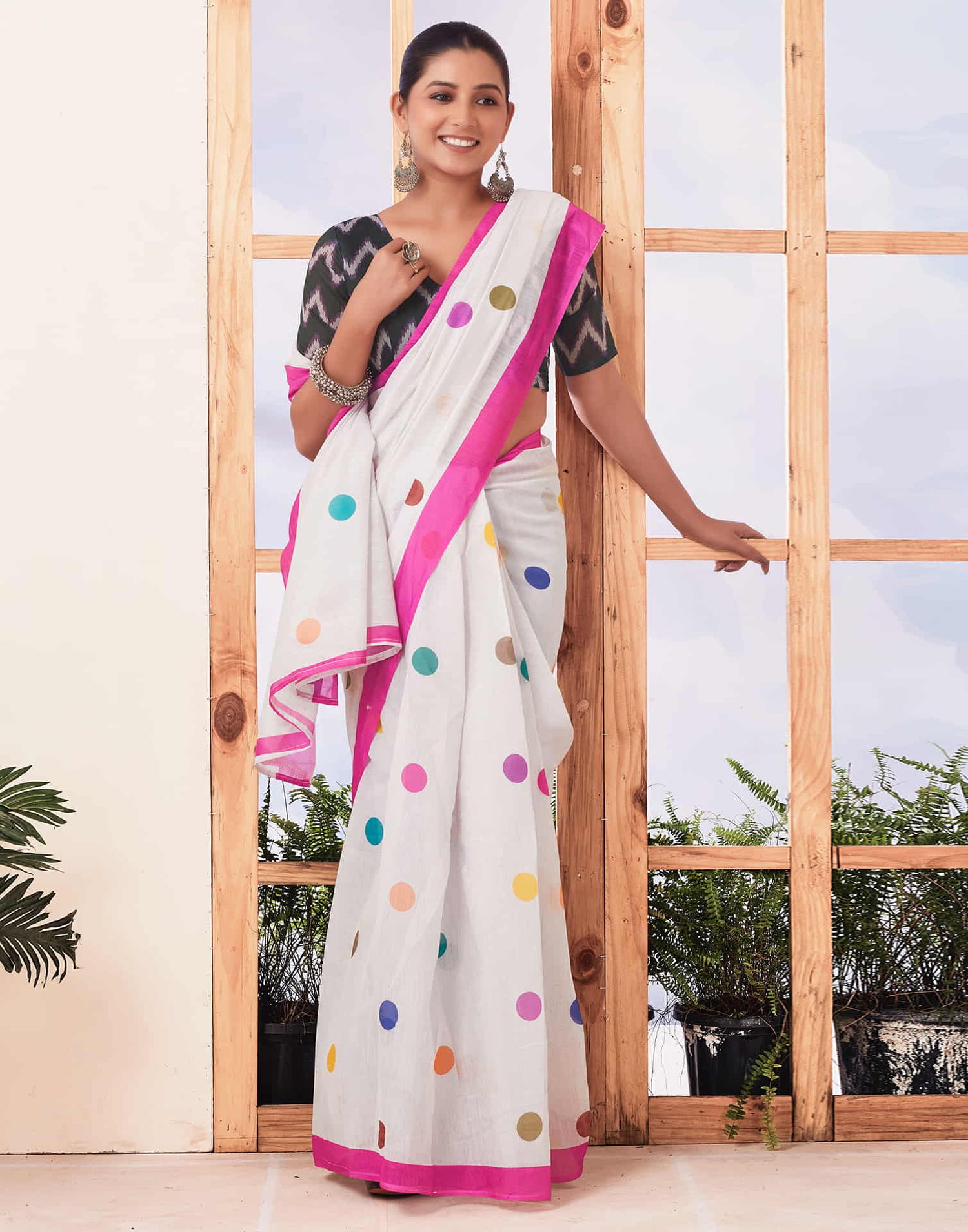 Ready To Wear Off White Printed Chanderi Saree