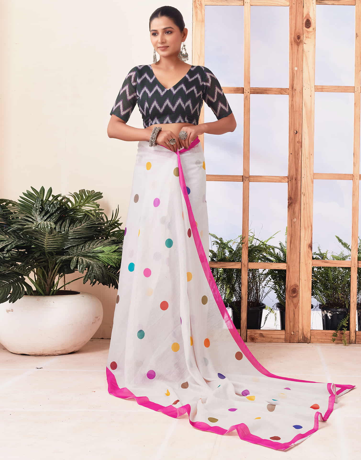 Ready To Wear Off White Printed Chanderi Saree