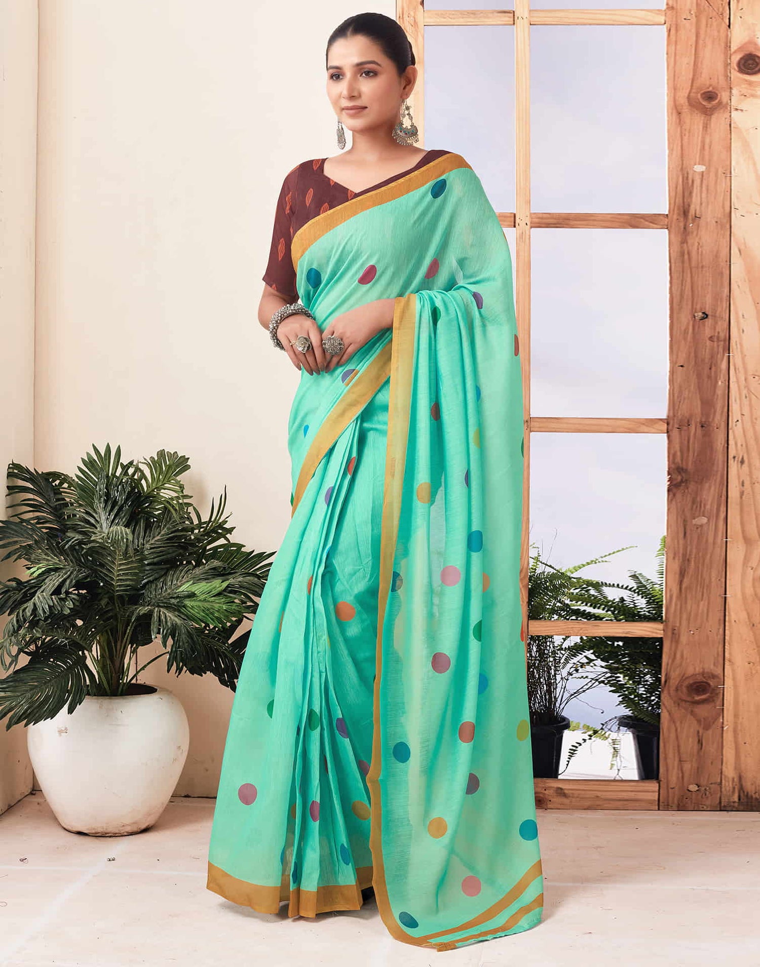 Ready To Wear Turquoise Printed Chanderi Saree