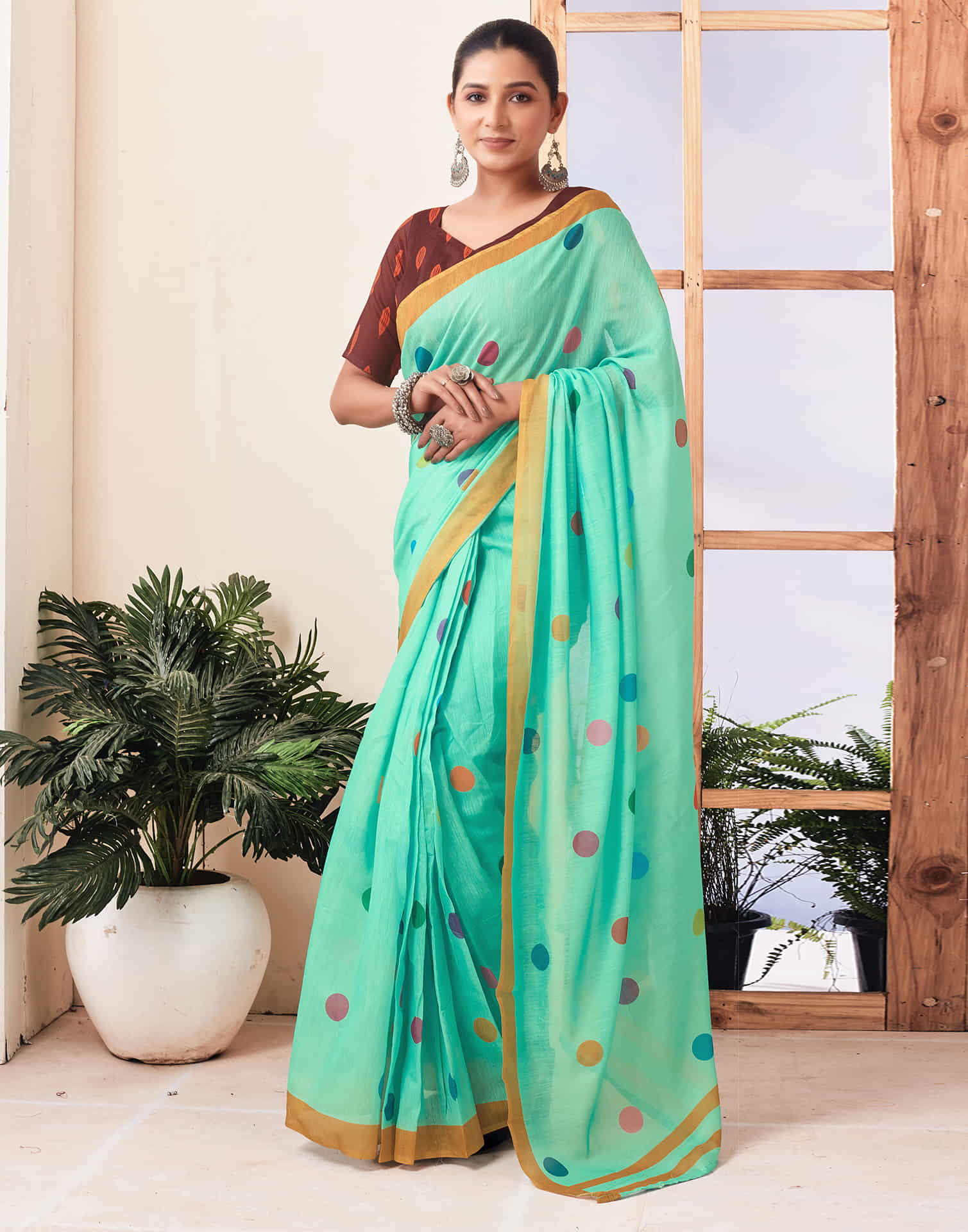 Ready To Wear Turquoise Printed Chanderi Saree