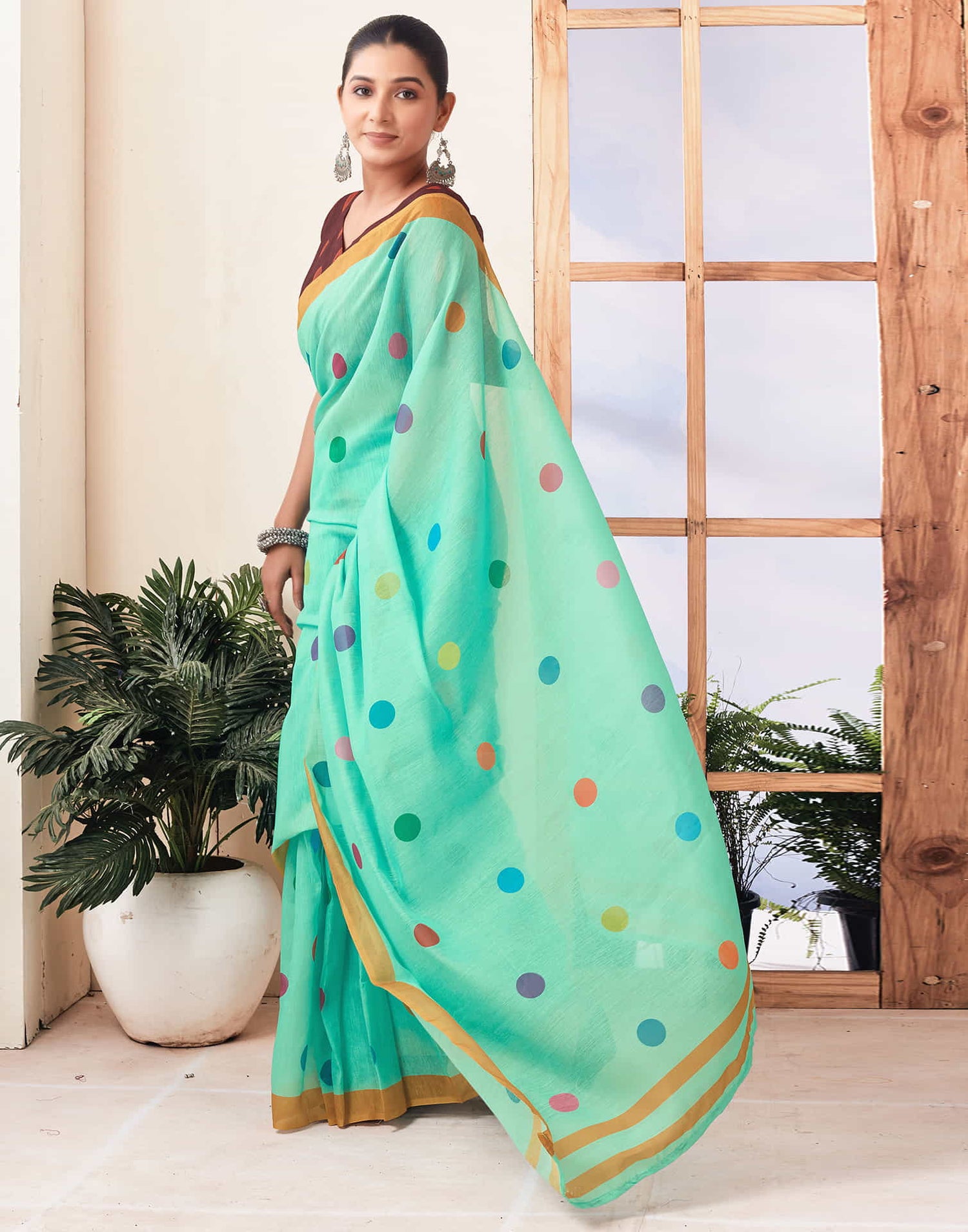 Ready To Wear Turquoise Printed Chanderi Saree