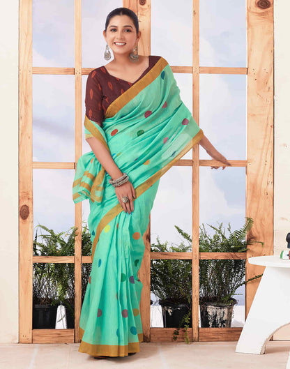 Ready To Wear Turquoise Printed Chanderi Saree