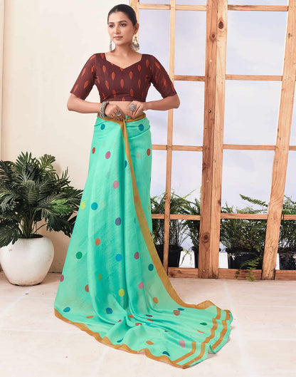 Ready To Wear Turquoise Printed Chanderi Saree