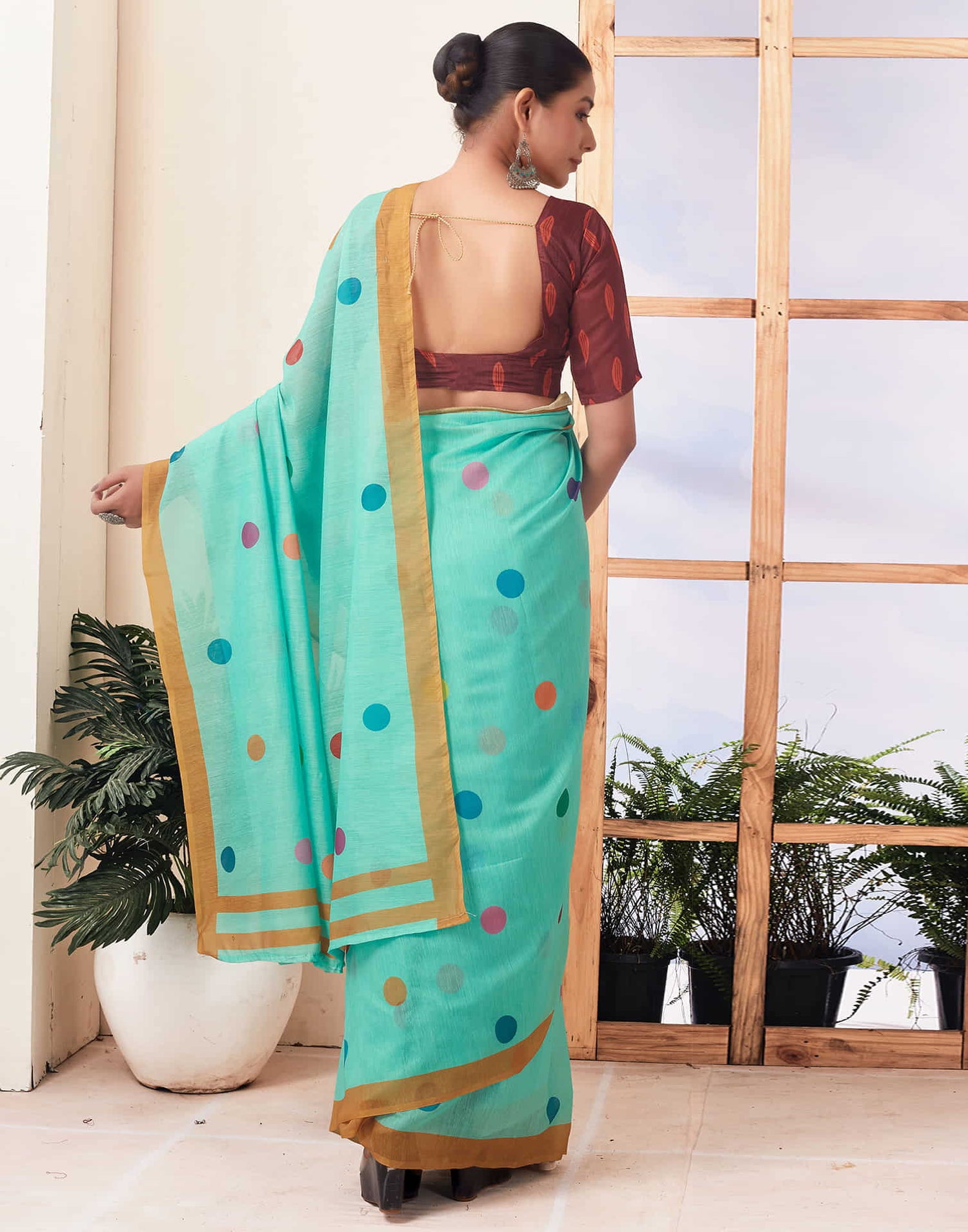 Ready To Wear Turquoise Printed Chanderi Saree