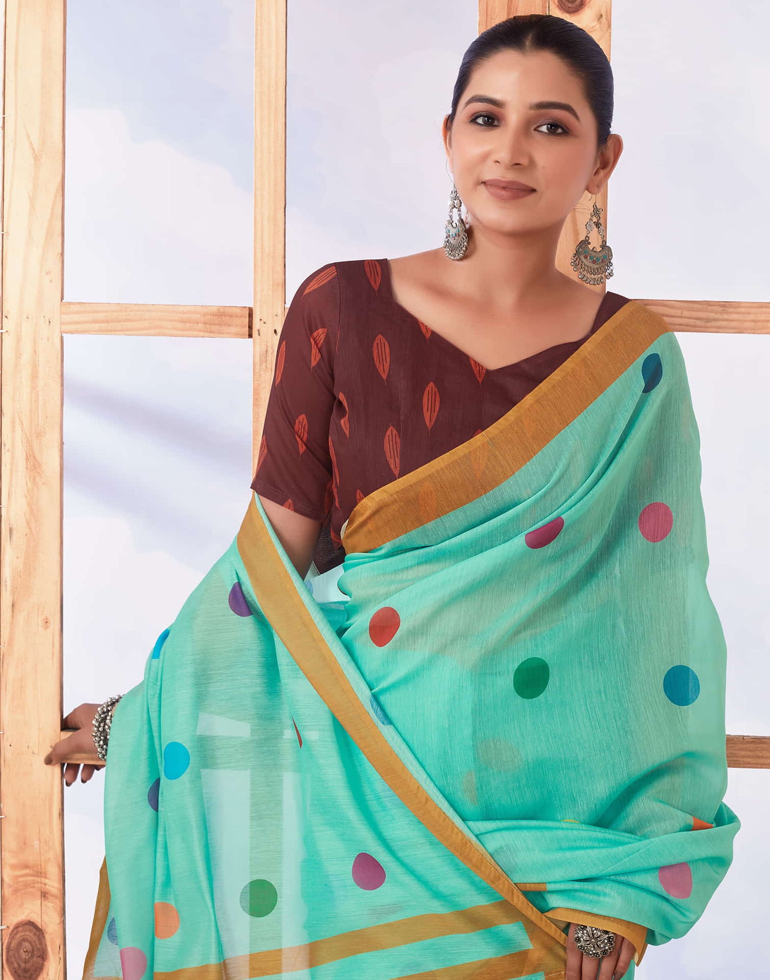 Ready To Wear Turquoise Printed Chanderi Saree